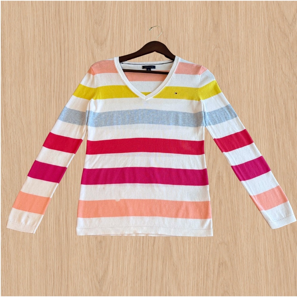 Tommy Hilfiger Womens 100% Cotton V-Neck Striped Sweater Multicolor Size Small